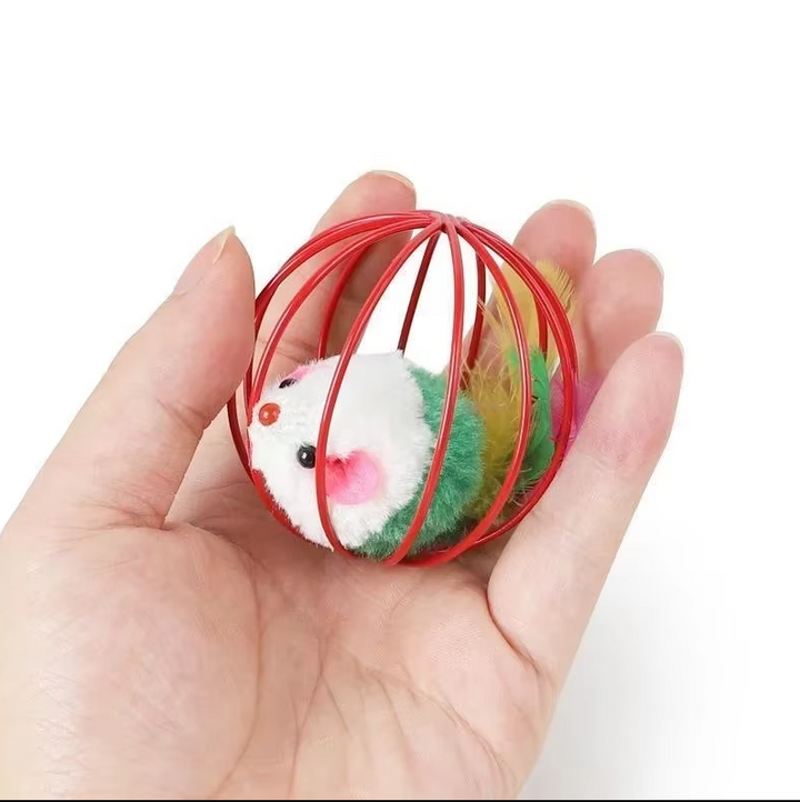 Plush feather tail mouse cat toy in a durable cage, ideal for stimulating active felines.