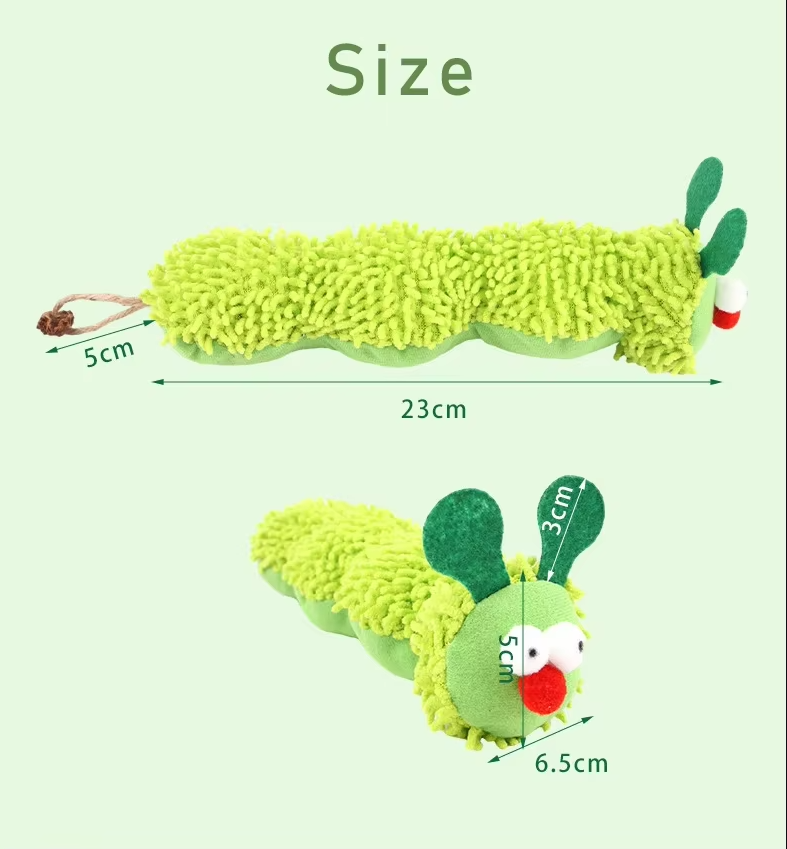 Interactive catnip-filled plush caterpillar pet toy for engaging cat play.