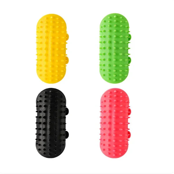 Cat enjoying a multi-color silicone scratching brush, getting itch relief & grooming. Ideal cat accessory.