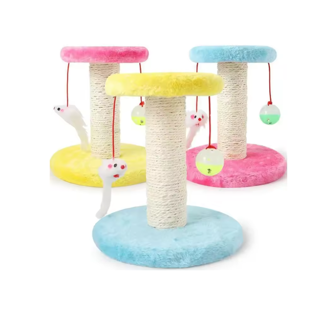 Cat interactive scratching post with sisal rope & attached mouse toy for playful claw care & furniture protection.
