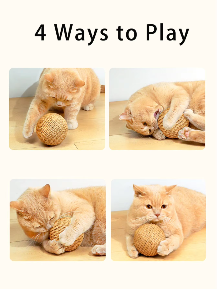 Active cat's sisal play ball for scratching, claw care, and engaging enrichment. A natural pet accessory.