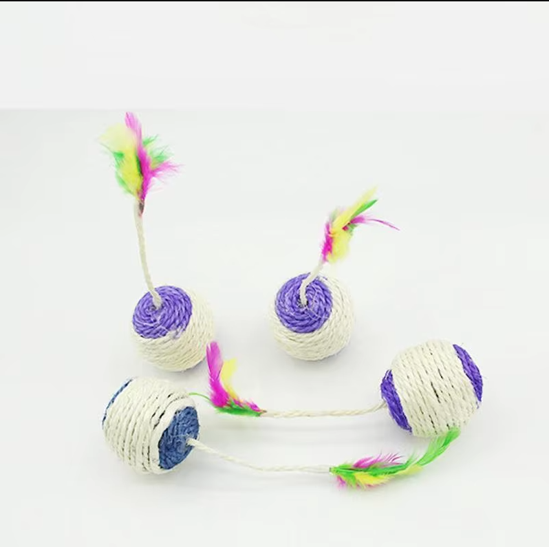 Engaging feather and sisal cat toy ball promotes exercise, scratching, and healthy feline activity.