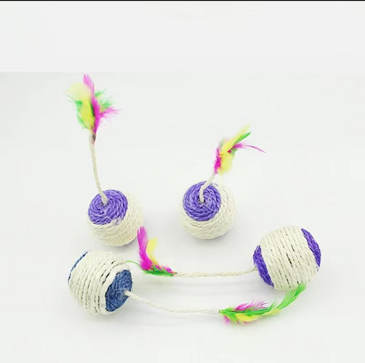 Engaging feather and sisal cat toy ball promotes exercise, scratching, and healthy feline activity.