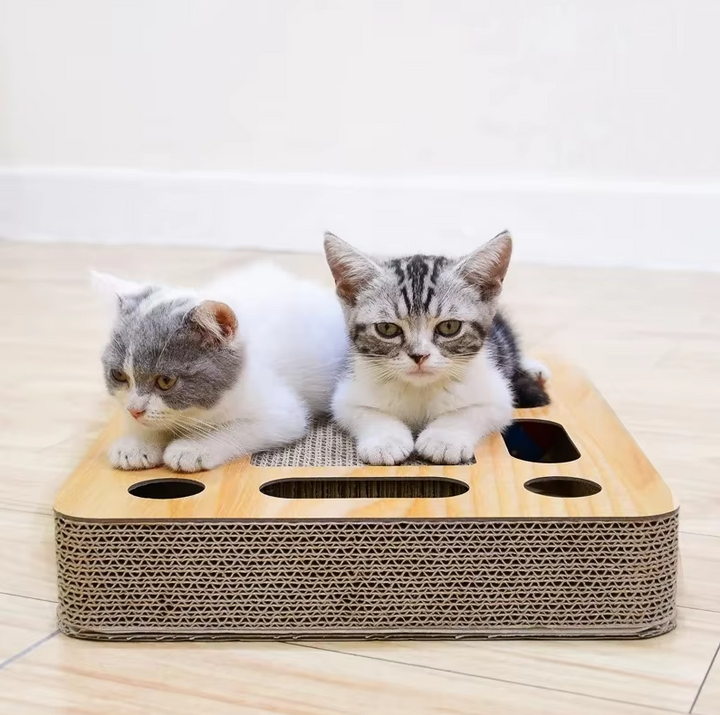 Durable cat scratching board (cardboard & wood) with a fun toy, designed to protect furniture from cat claws.