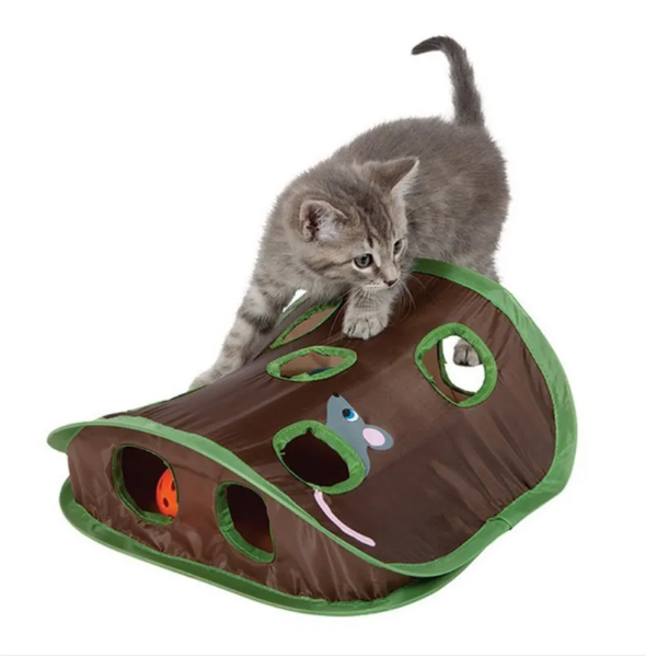 Green interactive cat tent with dangling toys for feline enrichment & play.