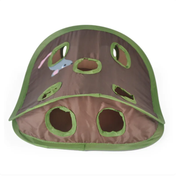 Spacious green cat tent, a pet enrichment toy with hanging features for playful cats.