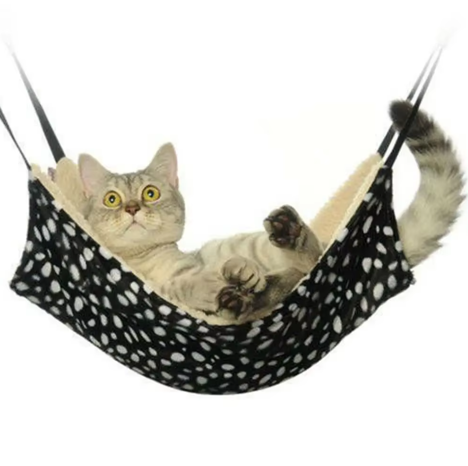 Cozy cat hammock, soft hanging pet bed for cage or home comfort. Feline sleep spot.