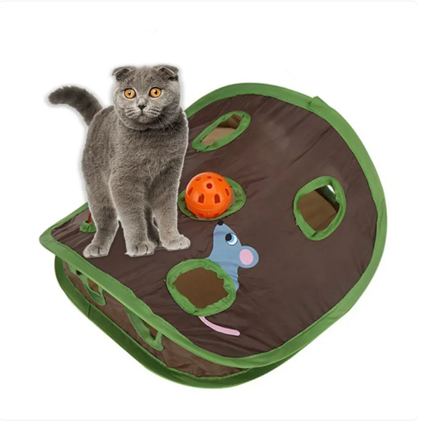 Cozy cave pet tent for cats, featuring built-in play toys for endless fun.