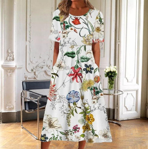 Casual women's day dress: a beautiful floral midi with a flattering flared skirt, short sleeves, and round neck.