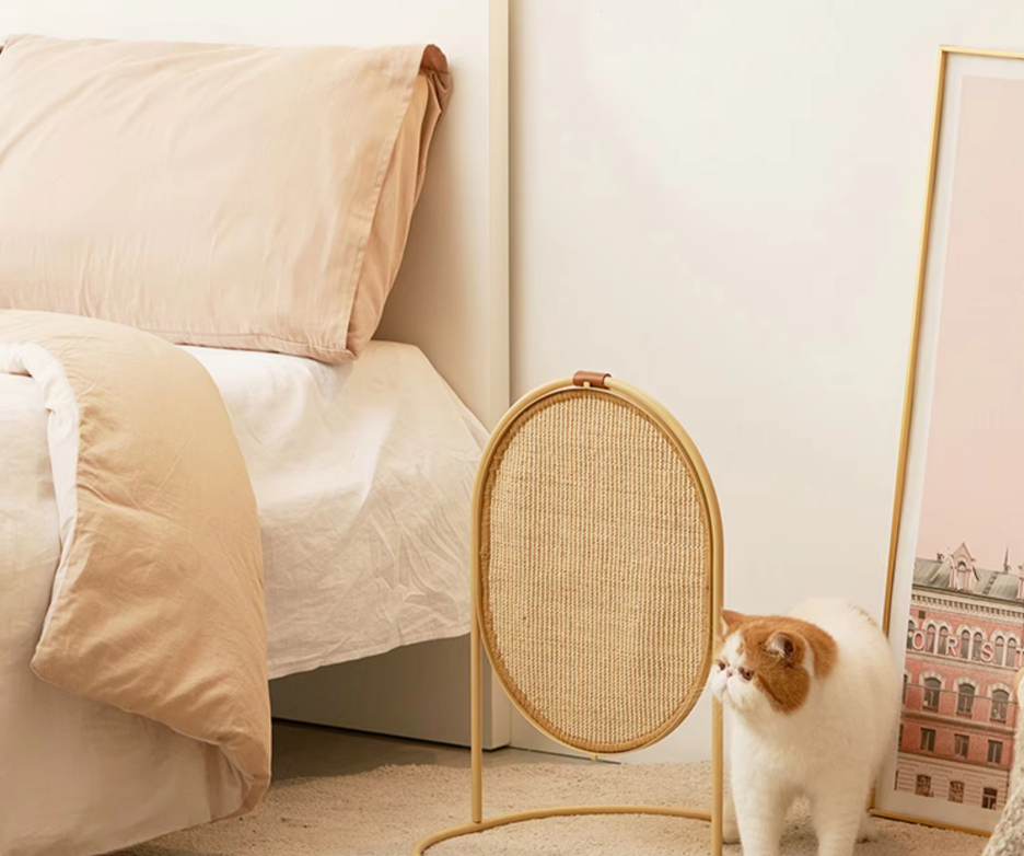Stylish cat furniture: a compact scratching post for grooming & protecting your home's decor, modern aesthetic.