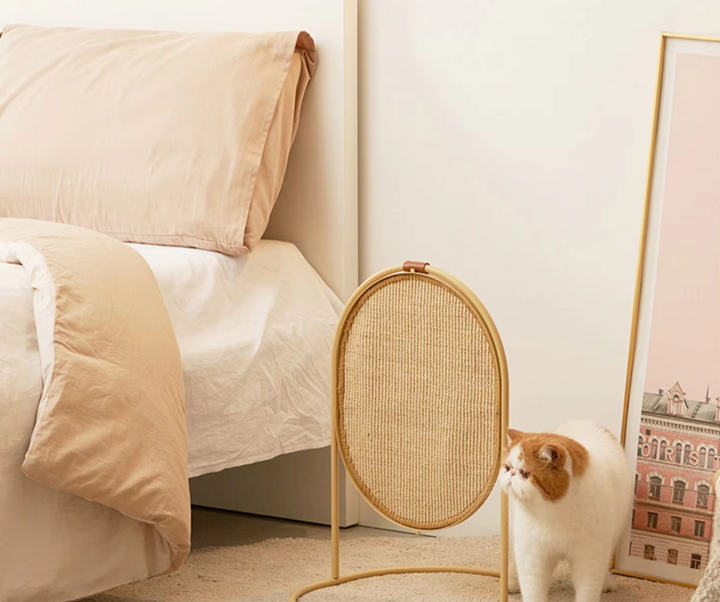 Stylish cat furniture: a compact scratching post for grooming & protecting your home's decor, modern aesthetic.