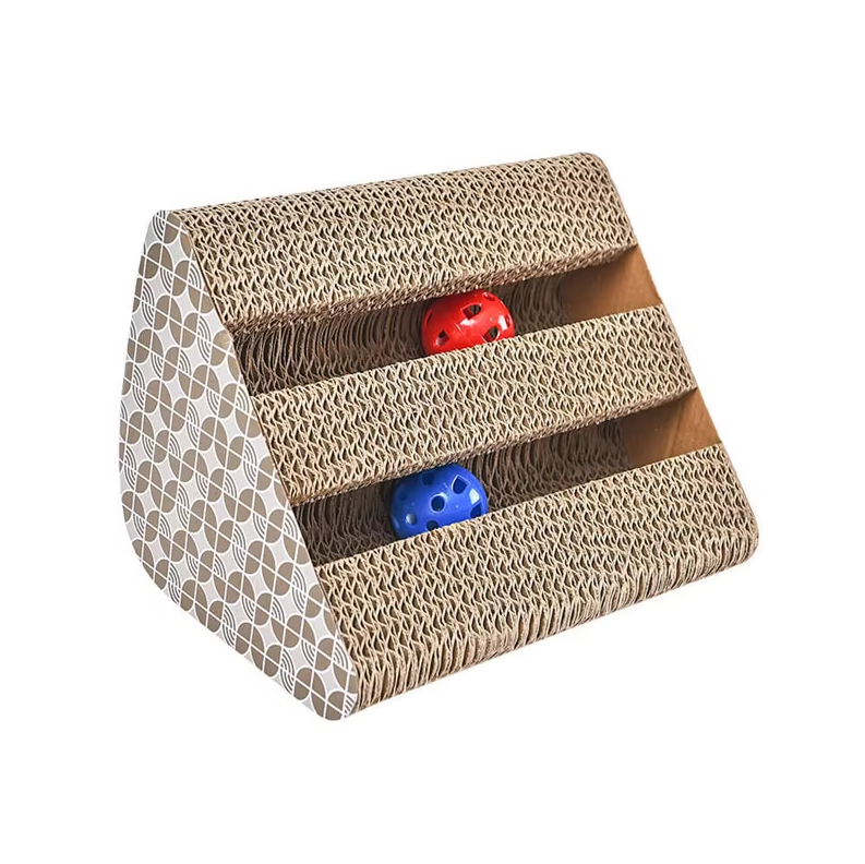 High-quality cat scratching mat with an attached interactive toy provides healthy scratching & furniture safety.
