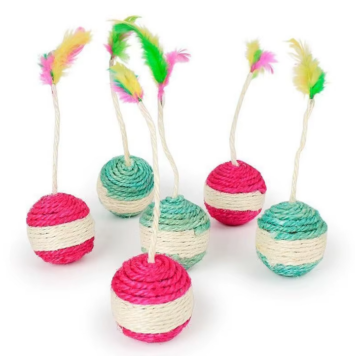 Interactive cat toy play ball with natural sisal and vibrant feathers for feline exercise and enrichment.