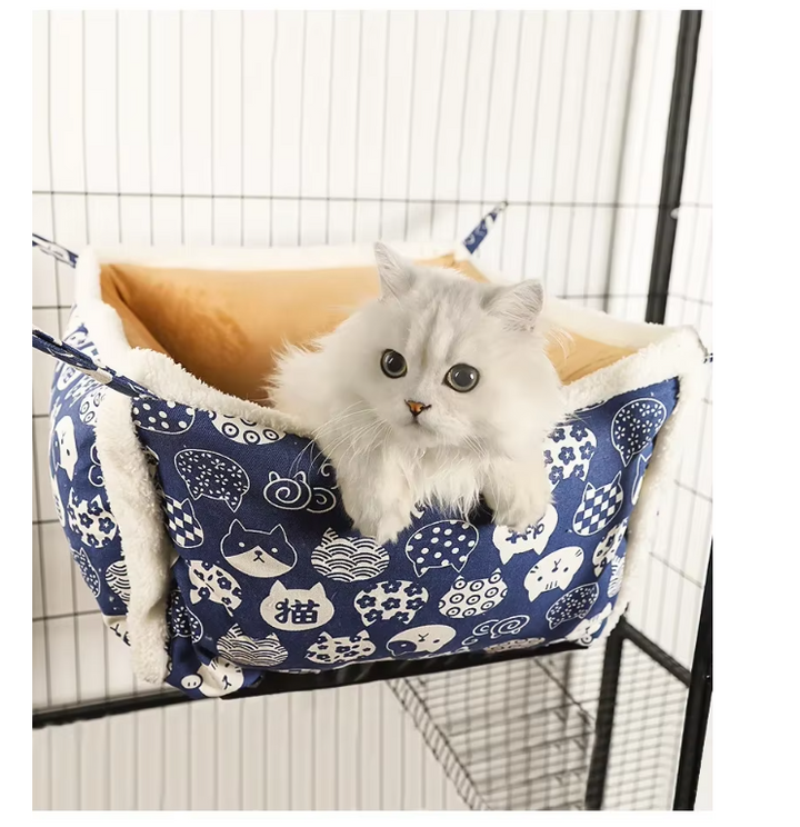 Cute patterned cat sleeping basket, a soft plush pet bed for optimal cat comfort.