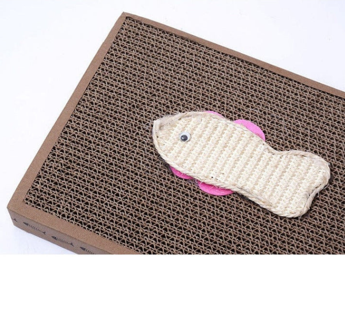 Corrugated cardboard cat scratching mat, durable and eco-friendly, with an engaging fish toy for cats.