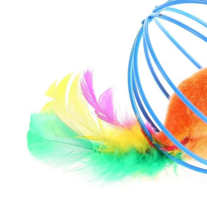 Durable caged mouse cat toy with a long feather tail, encouraging interactive play & exercise.