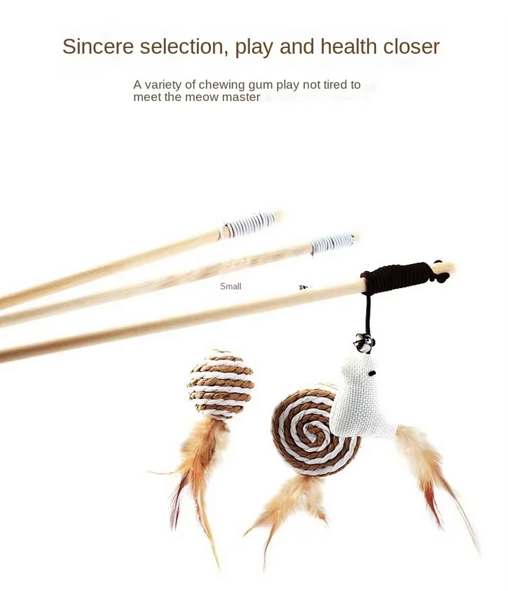 Cat toy set for active play, featuring natural feathers & jingle bells; ideal for energetic cats.