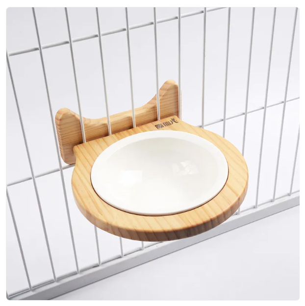 Cat wall-mounted feeding bowl. Cloud design wooden frame offers an elevated, ergonomic pet dining experience.