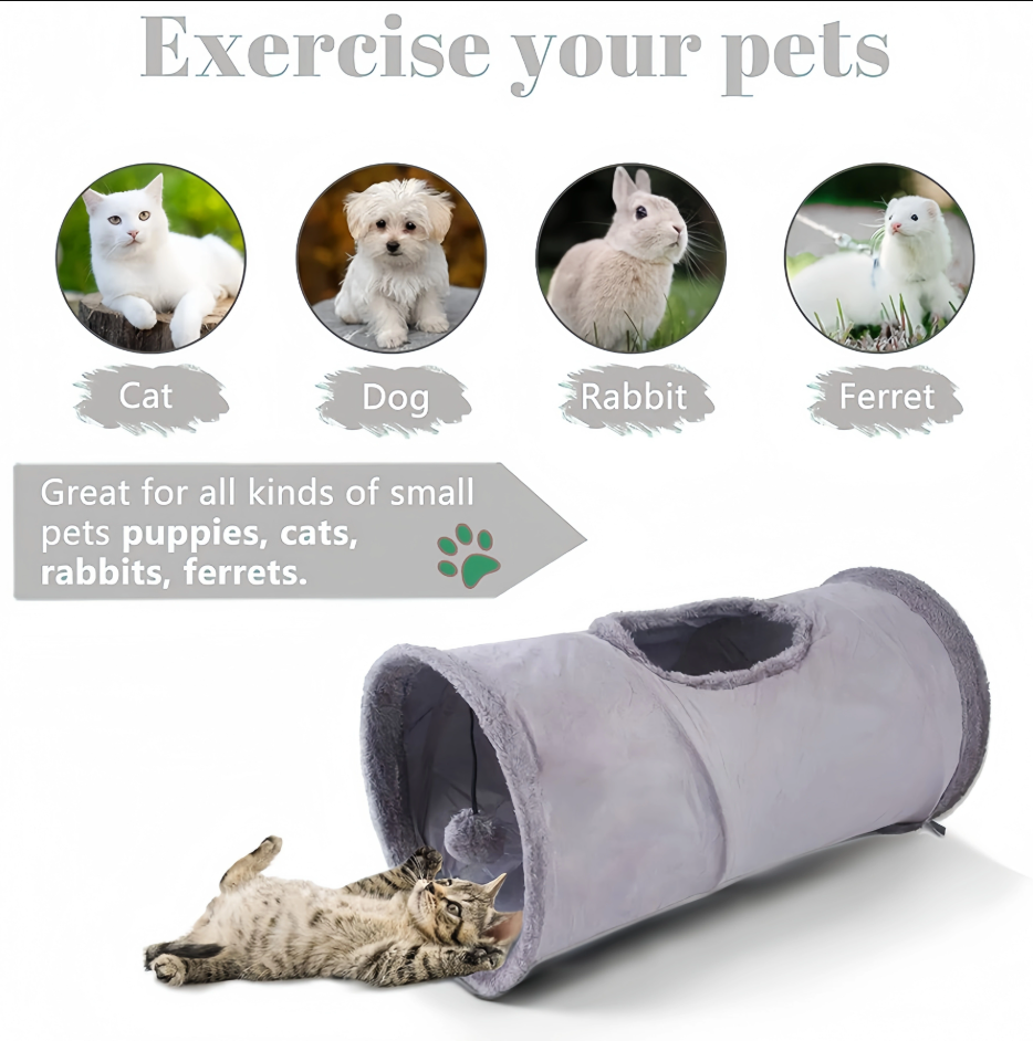 Interactive pet play tunnel designed for indoor cats. Features a viewing window for peekaboo fun & hideaway activity.