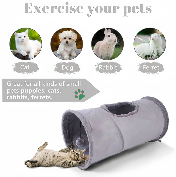 Interactive pet play tunnel designed for indoor cats. Features a viewing window for peekaboo fun & hideaway activity.