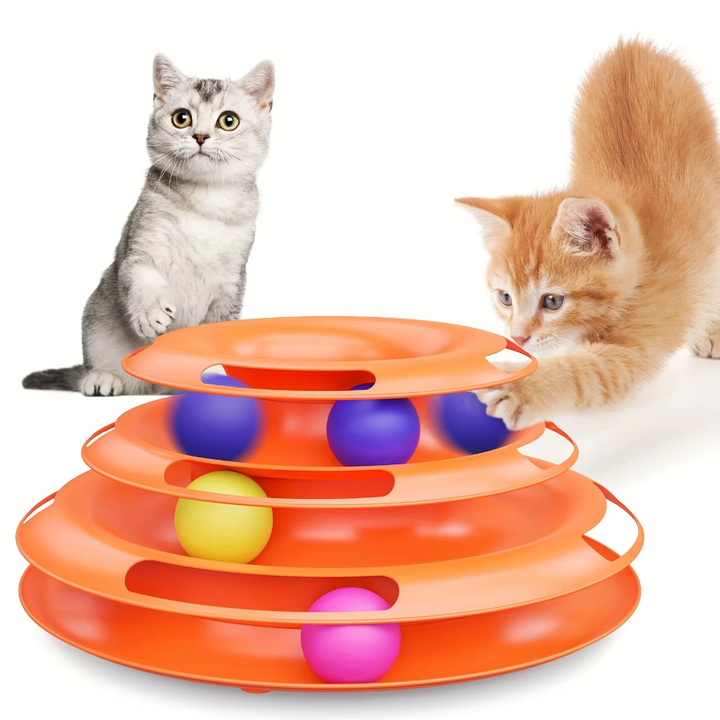 Interactive 3-stage cat play tower for mental stimulation & active fun. Durable feline enrichment toy for indoor cats.
