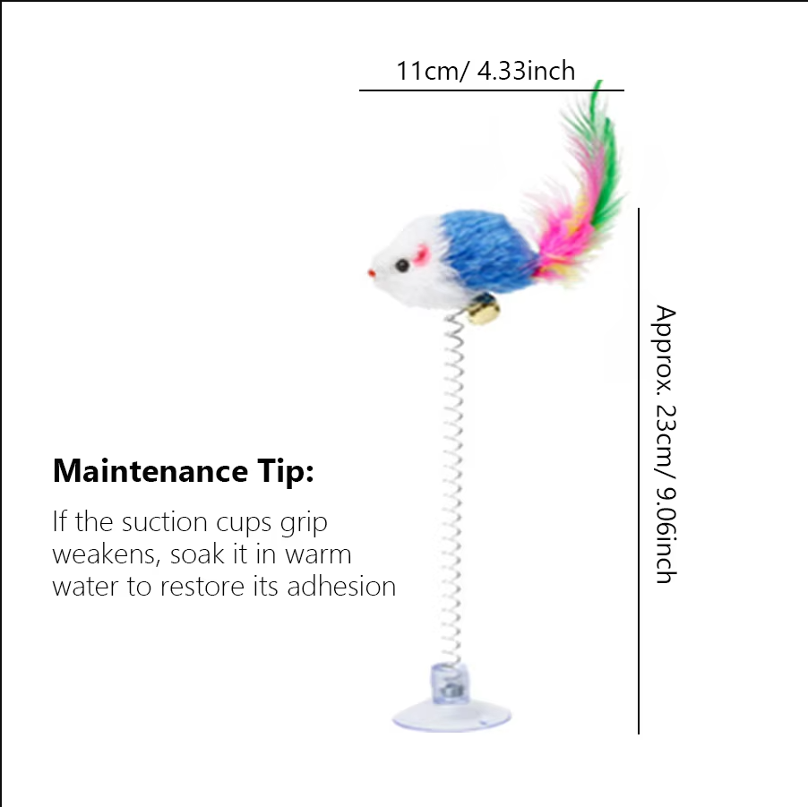 Springy mouse interactive cat toy with suction cup for hours of pet play & kitten entertainment.