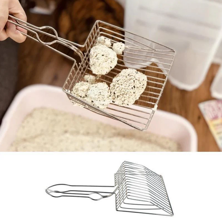 Easy-clean stainless steel cat litter scoop, an essential pet supply for maintaining litter box hygiene.