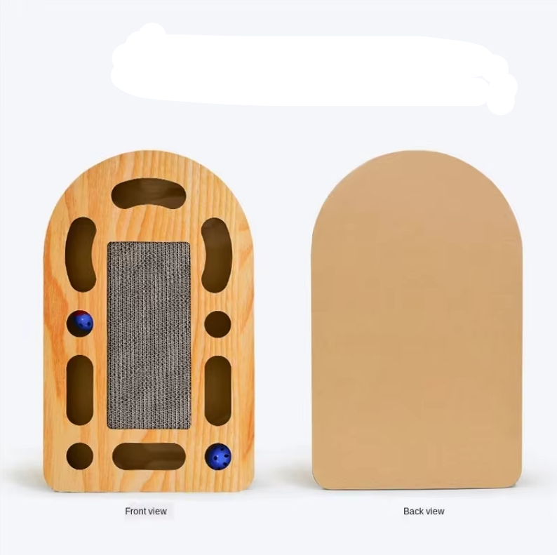Brown cardboard & wood cat scratching mat with integrated toy for feline playtime & furniture protection.