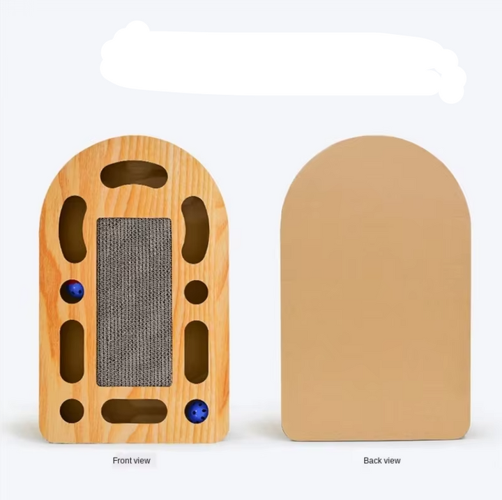 Brown cardboard & wood cat scratching mat with integrated toy for feline playtime & furniture protection.