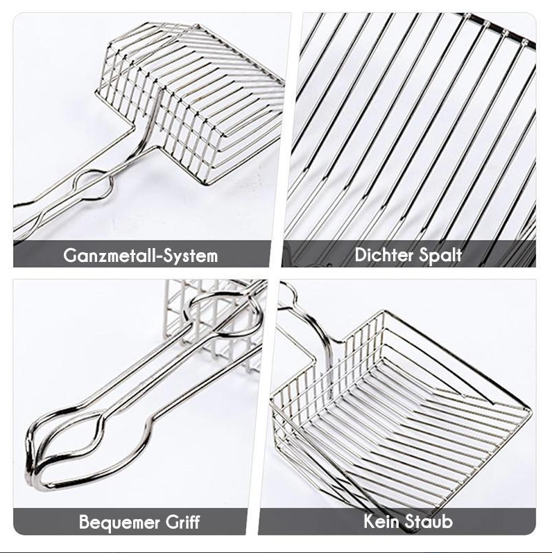 Ergonomic stainless steel litter scoop, ideal for efficient daily cat litter box maintenance & pet care.