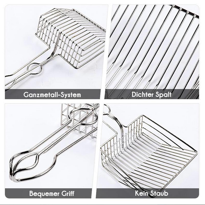 Ergonomic stainless steel litter scoop, ideal for efficient daily cat litter box maintenance & pet care.