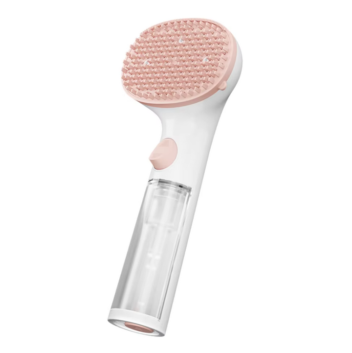 Pet grooming foam brush with integrated liquid dispenser. Provides a gentle, dry shampoo bath for dogs & cats.