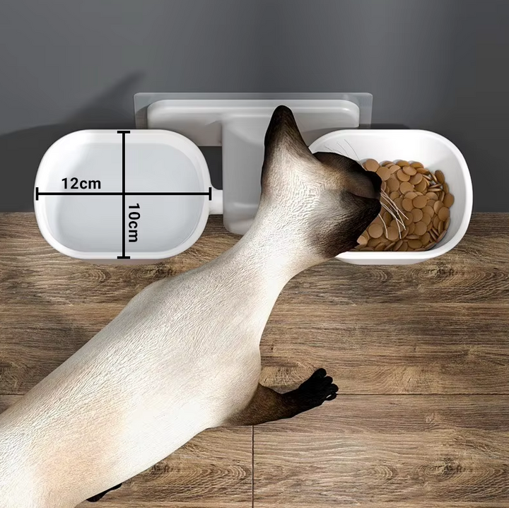 Modern wall-mounted pet bowls for food and water. Ideal for cats & small dogs, maximizes floor space.