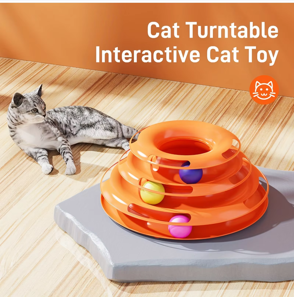 Multi-level interactive cat toy play tower, perfect for endless feline fun & mental stimulation for multiple cats.
