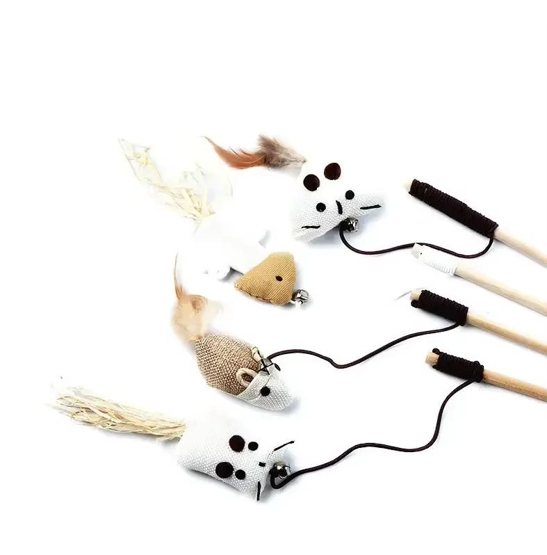 Interactive feather & bell cat toy set for stimulating play; natural materials, pet enrichment.