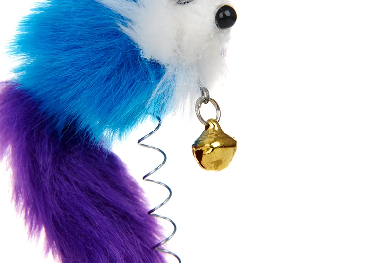 Close-up of interactive feather mouse cat toy. Features a bell and strong suction cup for endless playtime.