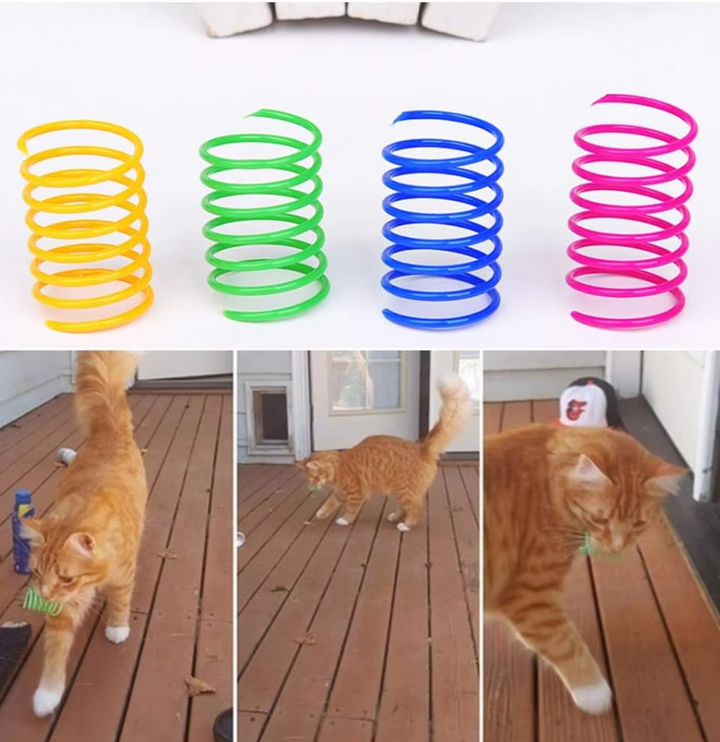 Set of 12 colorful spiral feather spring cat toys for interactive play. Perfect bouncy fun for indoor cats & kittens.