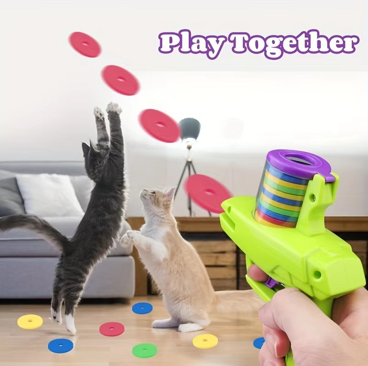 Cat's Interactive Disc Launcher Toy Gun, perfect for feline exercise & indoor play.