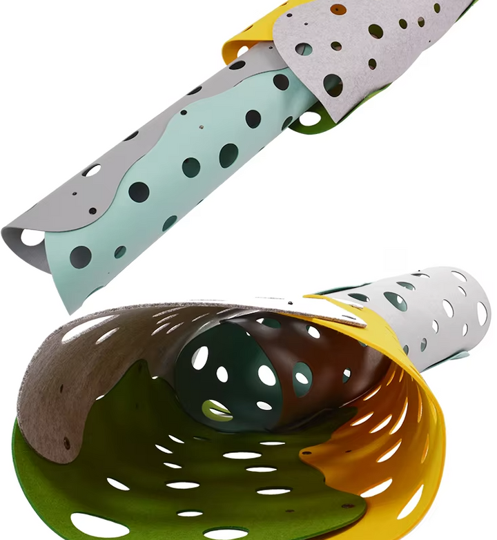 Grey felt cat tunnel toy, designed for interactive cat play, exercise, and mental stimulation.