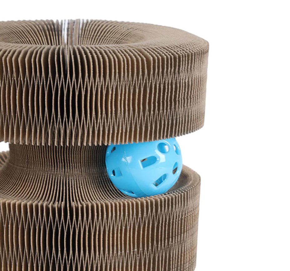 Durable cardboard cat scratcher tower with a stimulating rolling ball, providing hours of interactive cat play.