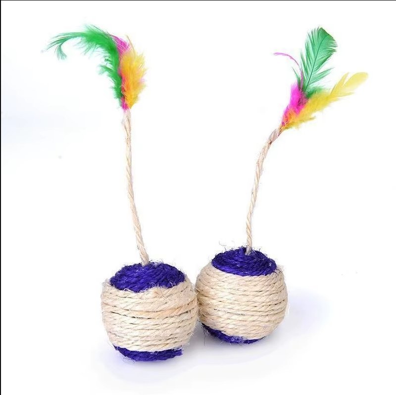 Interactive feather and sisal ball, an enriching cat toy for playful felines and their natural instincts.