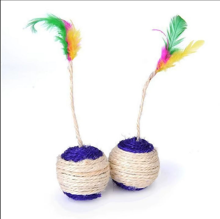 Interactive feather and sisal ball, an enriching cat toy for playful felines and their natural instincts.