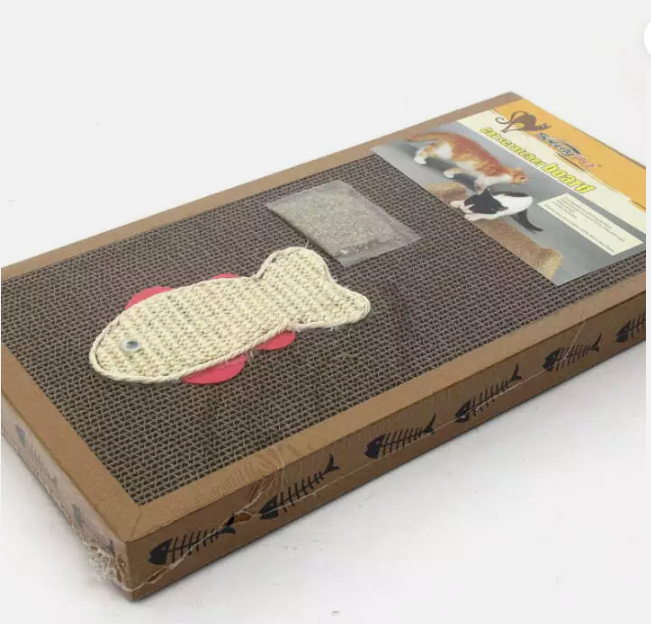 Cat scratching mat with durable corrugated cardboard & a fun fish toy. Eco-friendly pet claw care accessory.
