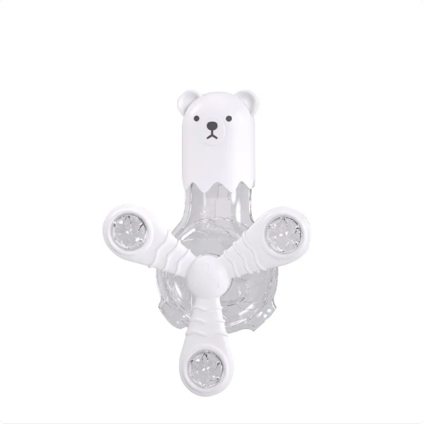 Bear-shaped interactive pet feeder. Engaging treat dispenser with rotating arms for mental stimulation.