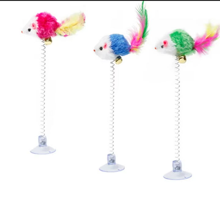 Watch your cat pounce! Springy mouse interactive toy with suction cup base for endless active pet play.
