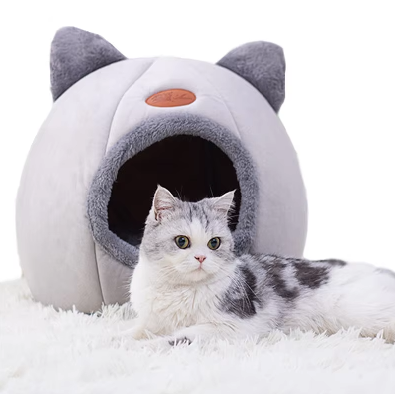 Warming gray cat bed house with a soft, removable cushion, perfect for cozy pet napping. [[lstfy-media:1]]
