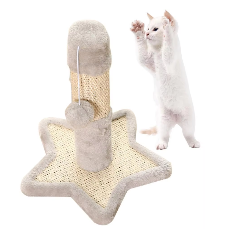 Durable sisal cat scratching post with attached toy, featuring charming heart & star designs.