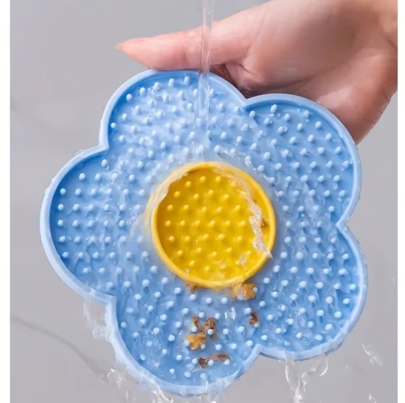Cat flower lick mat, a slow feeder & absorbent pet mat. Mess-free, non-slip, easy clean feline care supply for fur.