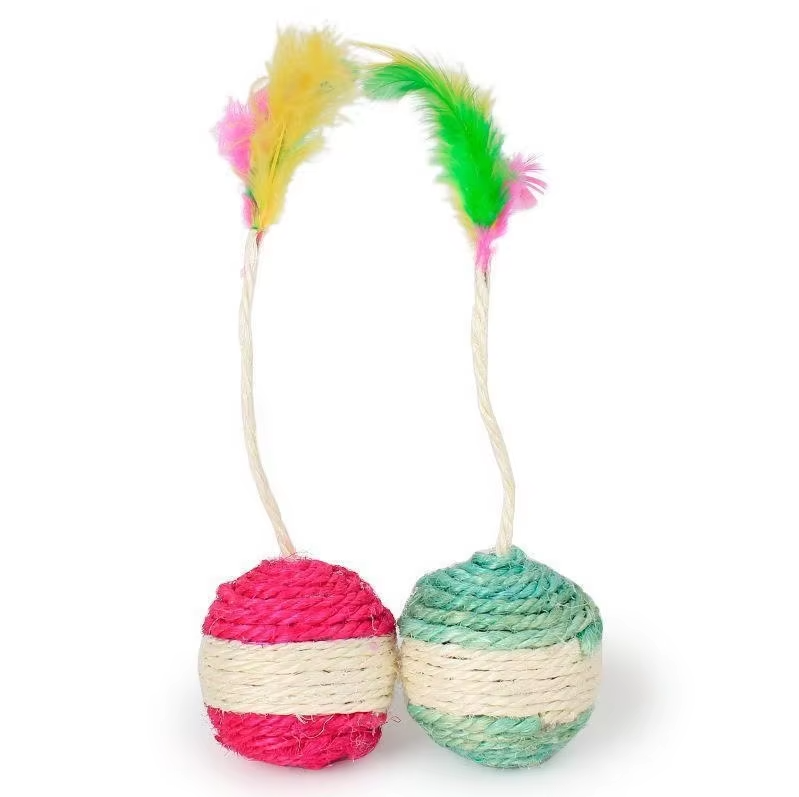 Designed for play, this feather and sisal cat toy ball provides endless fun, exercise, and scratching for cats.
