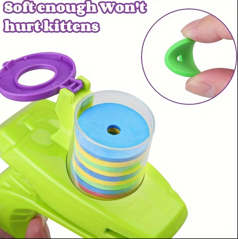 Cat toy gun that launches discs, ideal for interactive play & stimulating your indoor cat.